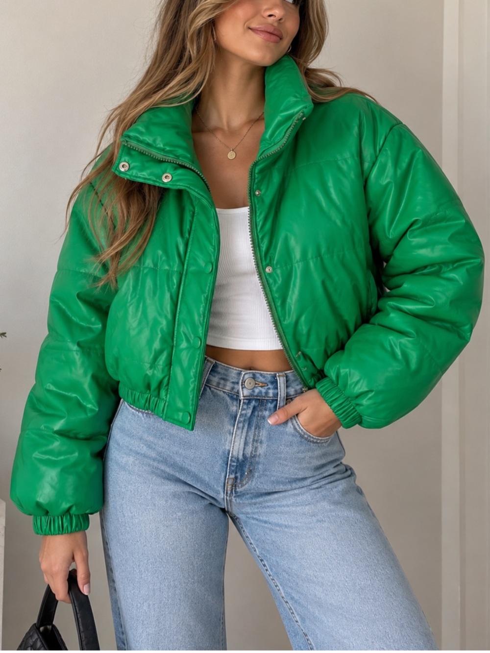Bobbles & Lace Green Faux Leather Cropped Puffer Jacket Size M